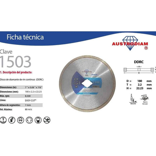 CLAVE-1503 Austrodiam 1503 Disco Diamante Azul Rin Continuo 7 Pulgadas AUSTROMEX