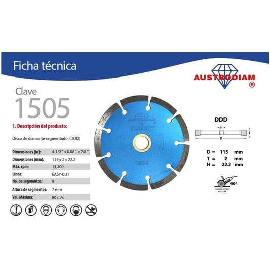 CLAVE-1505 Austrodiam 1505 Disco Diamante Azul Segmentado 4-1/2 Pulgada MARINOS DEL GOLFO