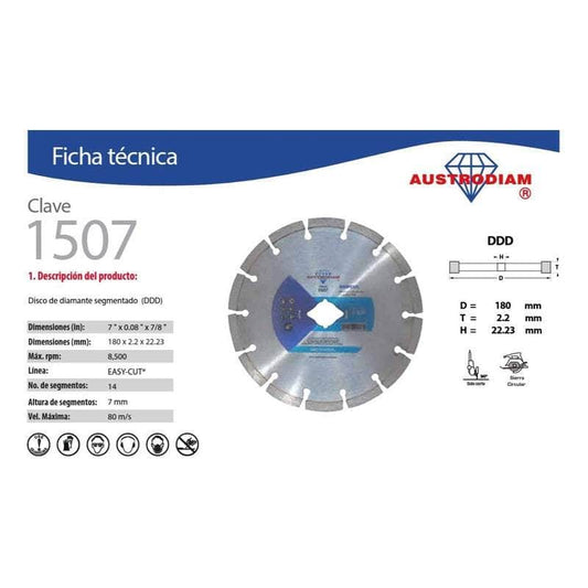 CLAVE-1507 Austrodiam 1507 Disco Diamante Azul Segmentado 7 Pulgadas MARINOS DEL GOLFO