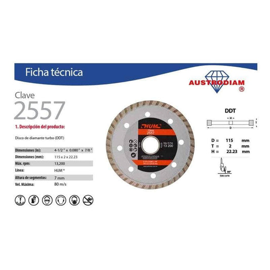 CLAVE-2557 Austromex 2557 Disco Diamante Turbo Ddt Hum 4-1/2 Pulgadas MARINOS DEL GOLFO