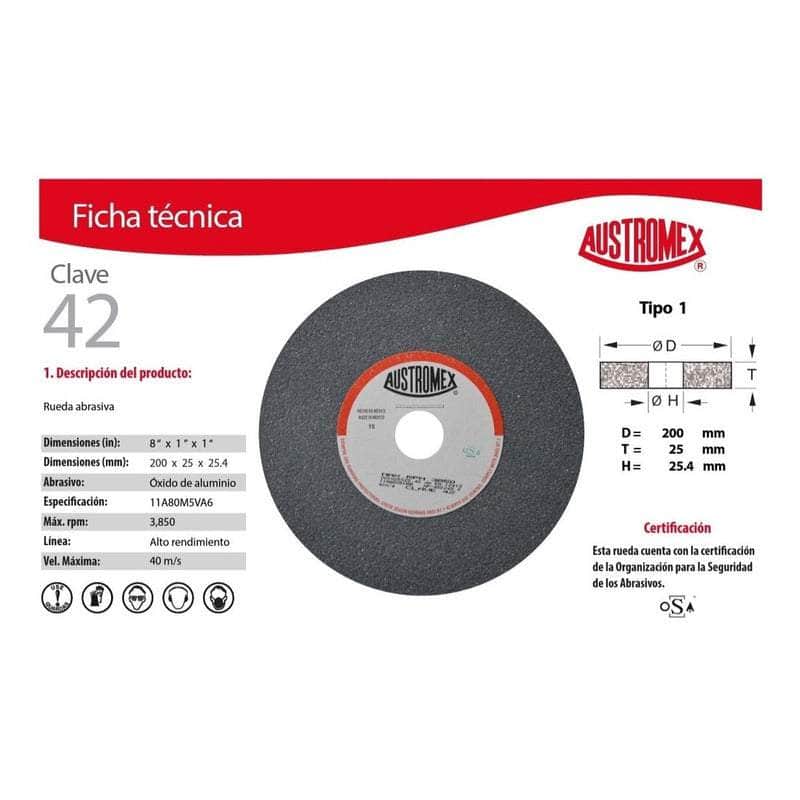 CLAVE-42 Austromex Clave 42, Rueda Abrasiva Grano 80 Fino, 8 Pulgadas MARINOS DEL GOLFO
