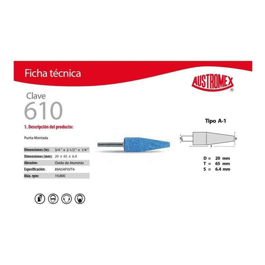 CLAVE-610 Austromex Clave 610, Punta Montada Azul Tipo A, 3/4 Pulgada MARINOS DEL GOLFO