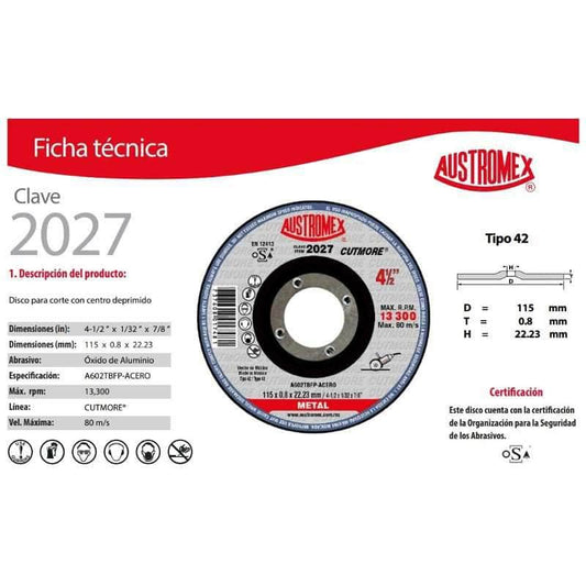META DC09M Disco Para Corte De Metal De 4-1/2 X 1/32, Austromex 2027 GRUPO TMG