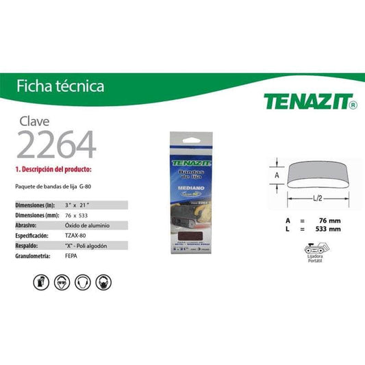 PAQUETE-2264 Tenazit 2264, Paquete 3 Bandas De Lija G-80, 3 X 21 Pulgada New MARINOS DEL GOLFO
