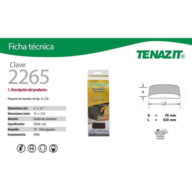 paquete-2265 Tenazit 2265, Paquete 3 Bandas De Lija G-120, 3 X 21 Pulgada New MARINOS DEL GOLFO