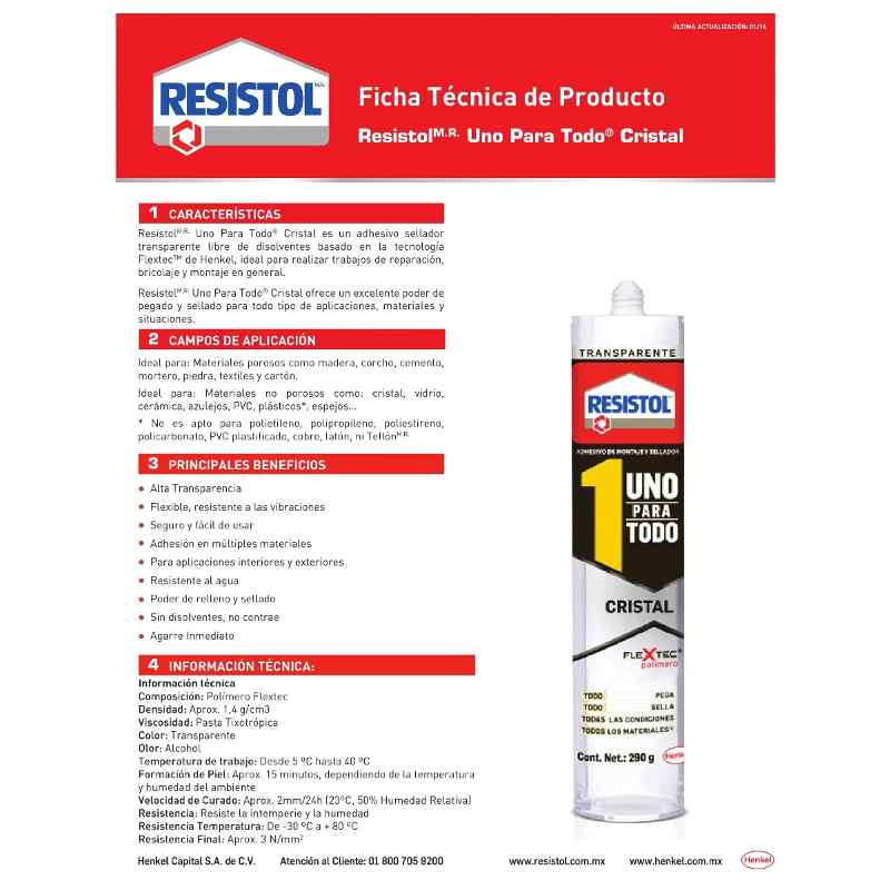 RESISTOL-CRYSTAL Resistol Uno Para Todo Crystal, Cartucho De 290 Gramos GRUPO TMG