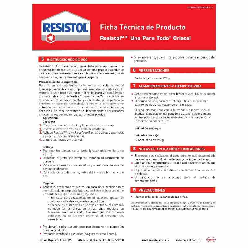 RESISTOL-CRYSTAL Resistol Uno Para Todo Crystal, Cartucho De 290 Gramos GRUPO TMG