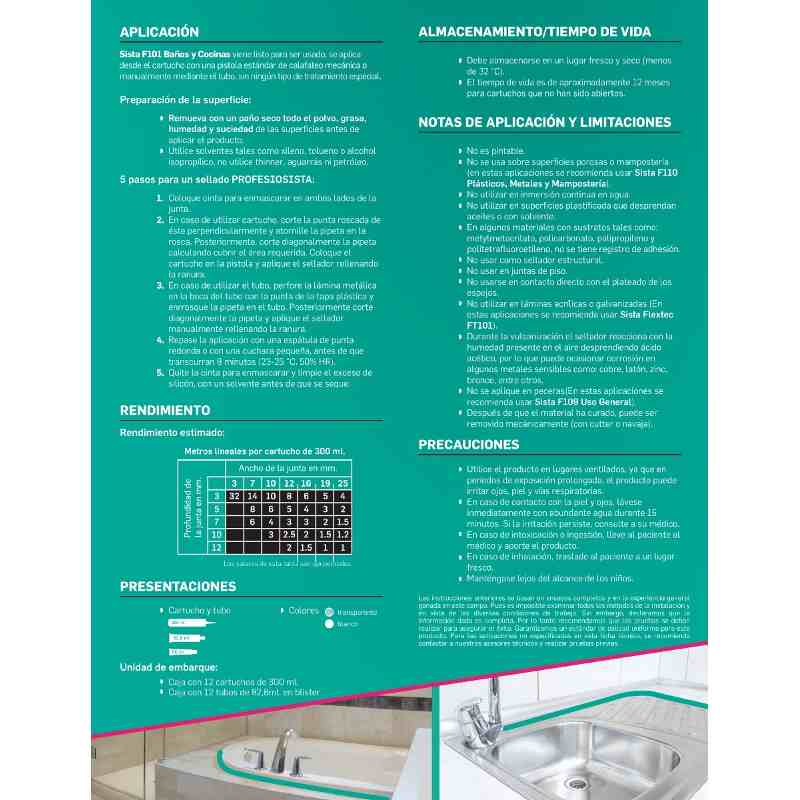 SE82101S Sellador Sista F101 Baños Y Cocinas, Color Blanco, 300ml GRUPO TMG