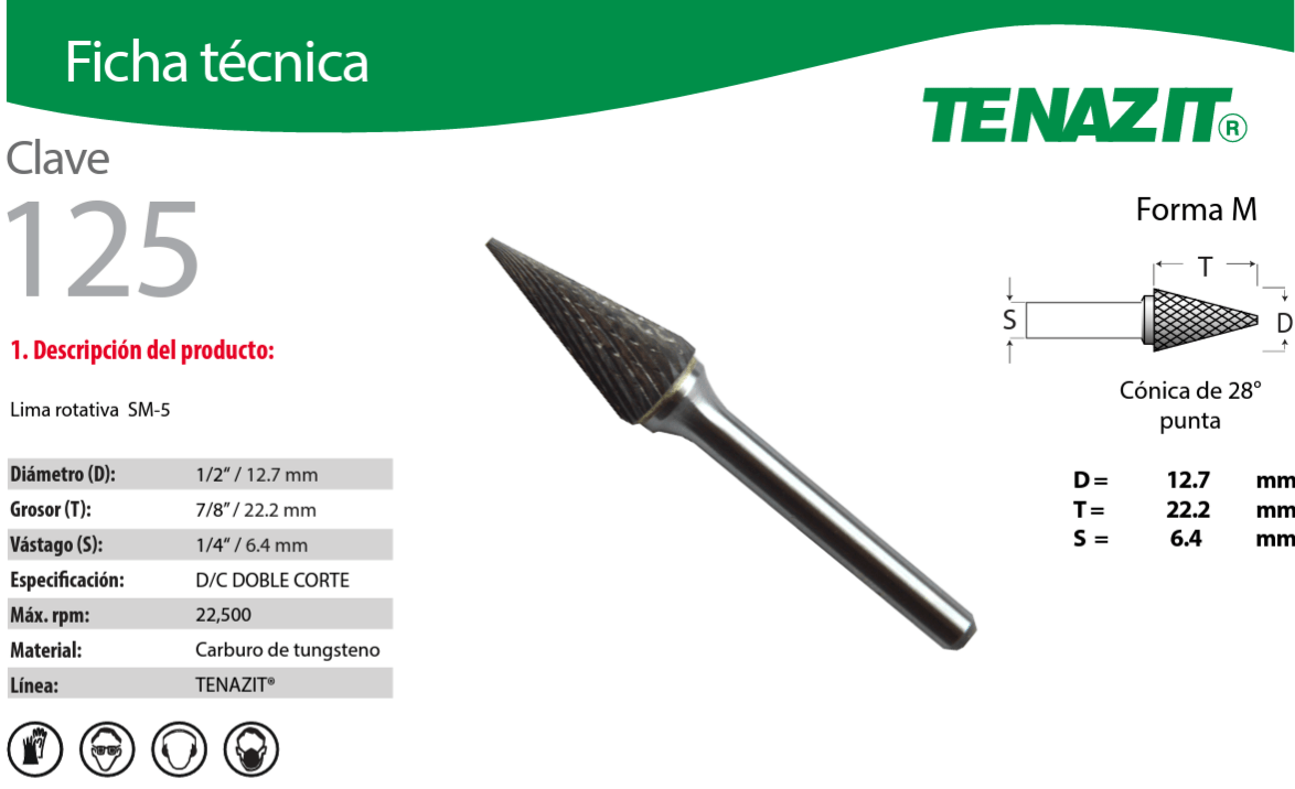 Austromex-125 Tenazit 125 Lima Rotativa para Inoxidable Tipo SM-5 (28°) de 1/2" x 7/8" x 1/4" Austromex AUSTROMEX