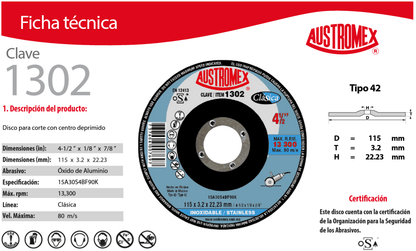 Austromex 1302 Austromex 1302 Disco para corte de acero inoxidable de 4-1/2" x 1/8" x 7/8" AUSTROMEX