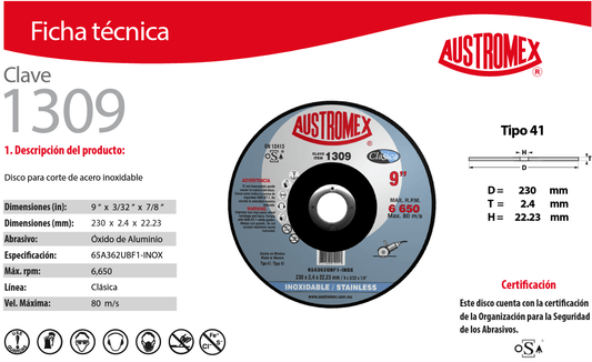 Austromex-1309 Austromex 1309 Disco abrasivo para corte fino de Inoxidable de 9" x 5/64" x 7/8" AUSTROMEX