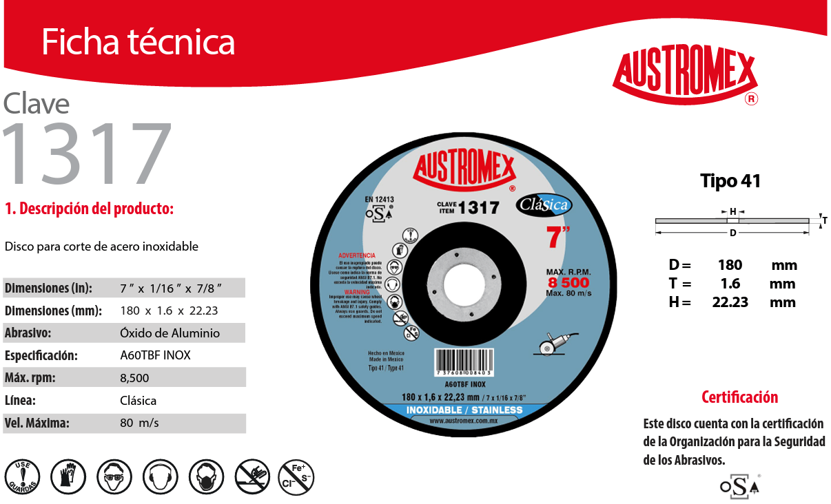 austromex-1317 Austromex 1317 Disco Para Corte de Acero Inoxidable de 7" x 1/16" x 7/8" AUSTROMEX