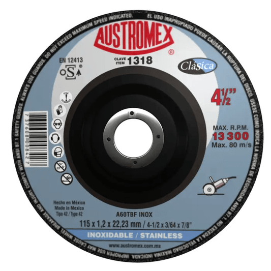 Austromex 1318 Austromex 1318 Disco Para Corte de Acero Inoxidable de 4-1/2" x 1.2mm x 7/8" AUSTROMEX