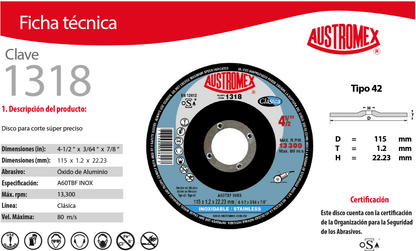Austromex 1318 Austromex 1318 Disco Para Corte de Acero Inoxidable de 4-1/2" x 1.2mm x 7/8" AUSTROMEX