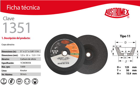 Austromex 1351 Austromex 1351 Copa para Desbaste de Piedra Grano 36 de 5" x 2" x 5/8-11 AUSTROMEX