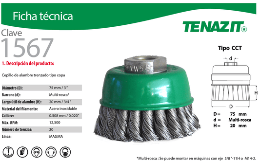 Austromex-1567 Tenazit 1567, Cepillo tipo copa trenzado de 3" Multirosca AUSTROMEX