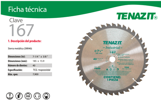 Austromex-167 Tenazit 167 Disco de sierra para corte de aluminio de 7-1/4" x 5/8" Austromex AUSTROMEX