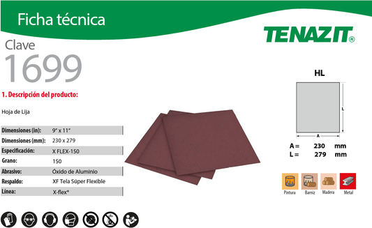 Austromex-1699 Tenazit 1699 Hoja de lija X-FLEX de óxido de aluminio, grano 150, de 230 x 279 mm AUSTROMEX