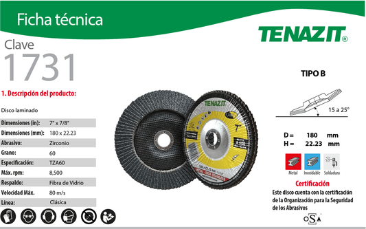 Austromex 1731 Tenazit 1731 Disco Laminado de Zirconio Grano 60 de 7" x 7/8" Austromex AUSTROMEX