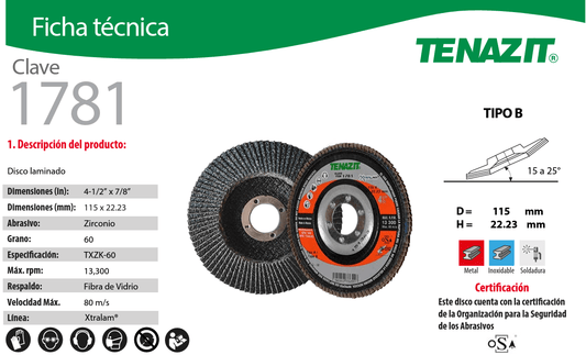 Austromex-1781 Tenazit 1781, Disco laminado Xtralam, grano 60 zirconio, 4-1/2" x 7/8", Austromex AUSTROMEX