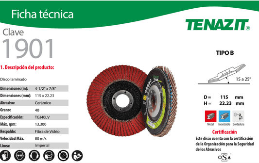 Austromex-1901 Tenazit 1901 Disco laminado grano ceramico 40 de 4-1/2" x 7/8" Austromex Imperial AUSTROMEX