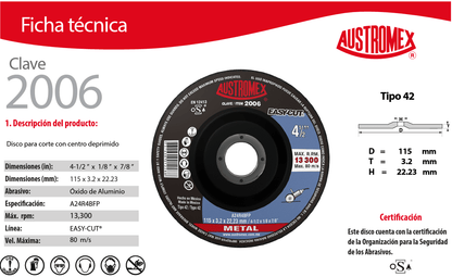 Austromex 2006 Austromex 2006 Disco abrasivo para corte de metal de 4-1/2" x 1/8" x 7/8" AUSTROMEX
