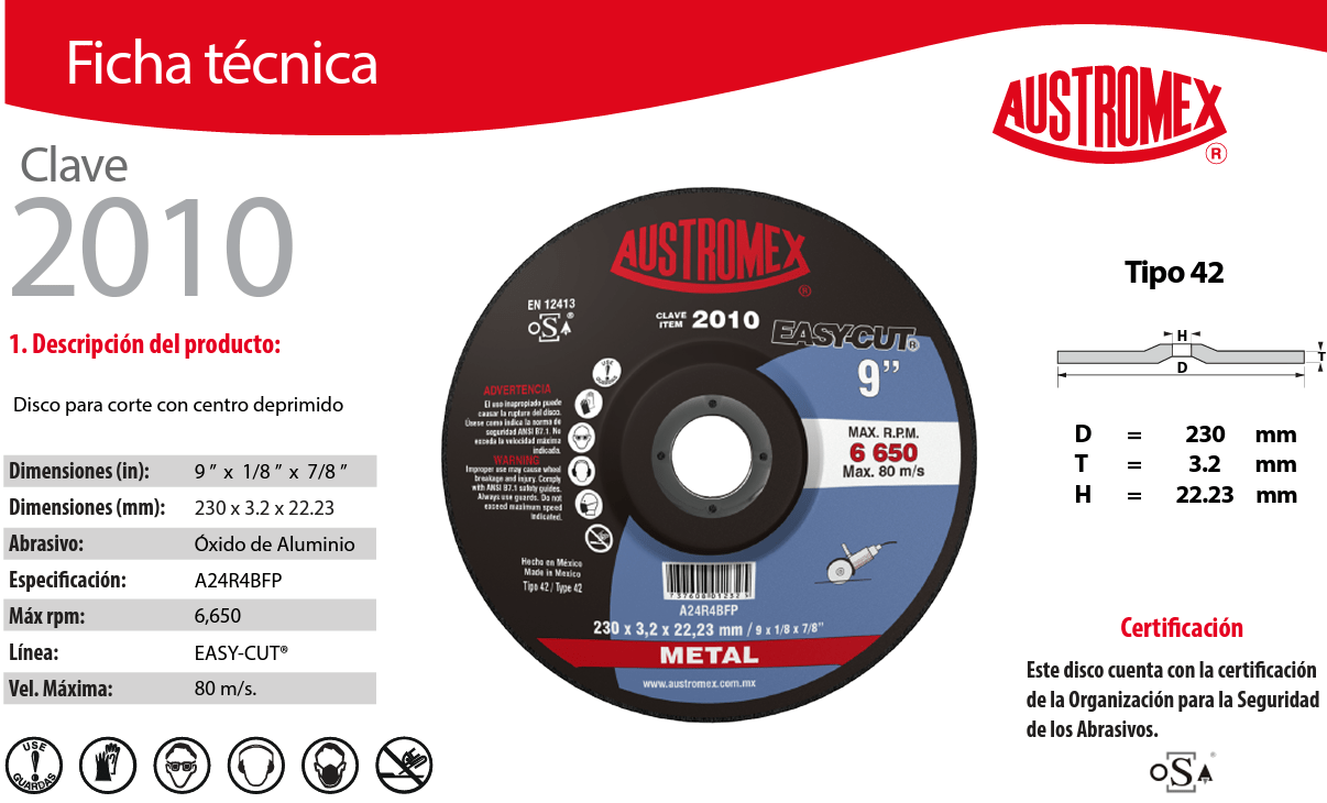 Austromex-2010 Austromex 2010 Disco para corte de metal de 9" x 1/8" x 7/8" tipo 42 AUSTROMEX