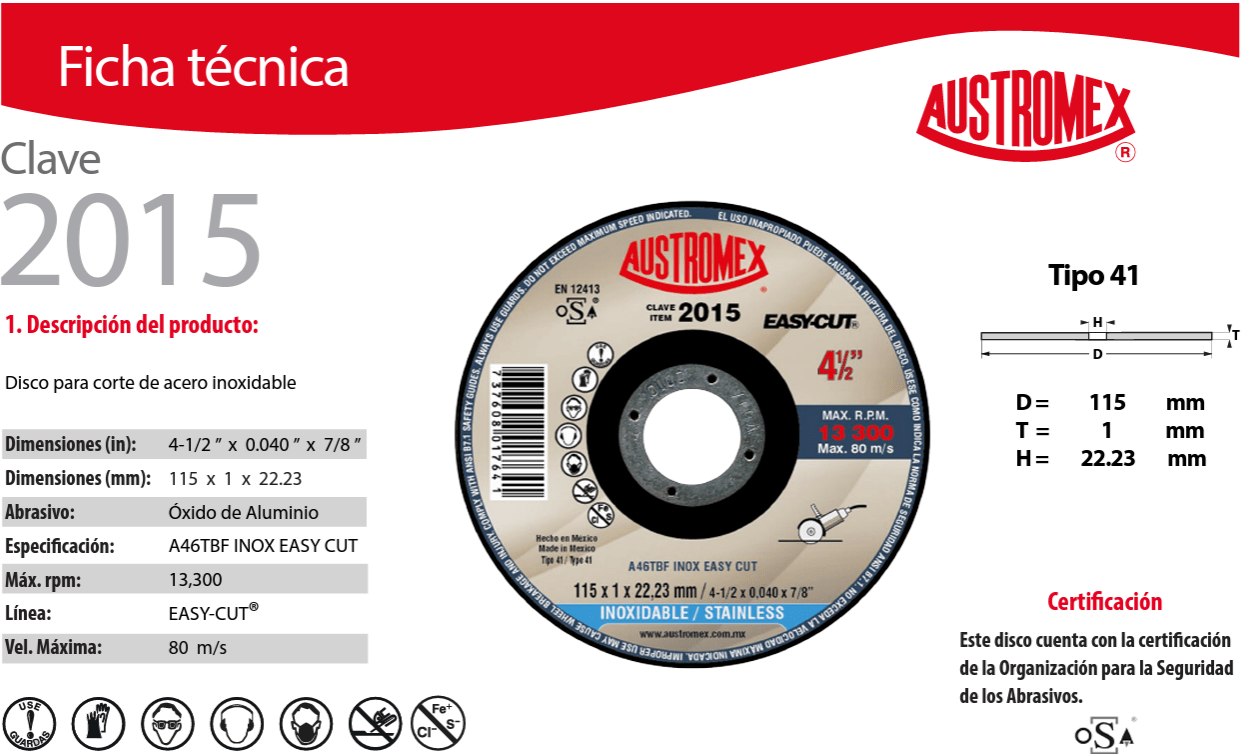 Austromex 2015 Austromex 2015 Disco para Corte de Acero Inoxidable de 4-1/2" x 0.040" x 7/8" AUSTROMEX