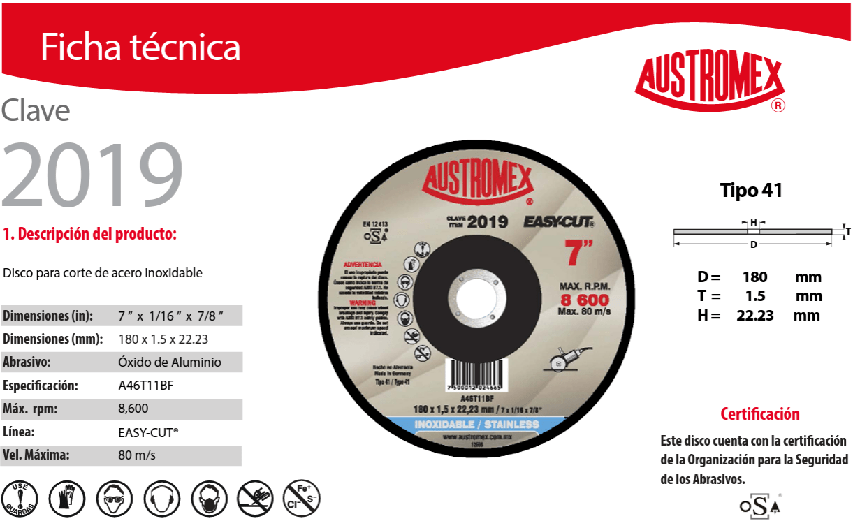 Austromex-2019 Austromex 2019 Disco para Corte de Acero Inoxidable de 7" x 1/16" x 7/8" AUSTROMEX