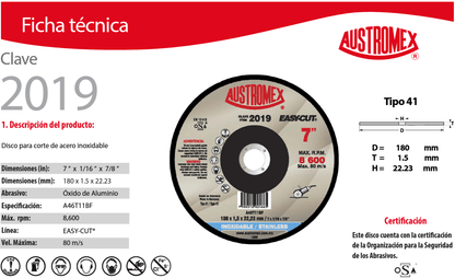 Austromex-2019 Austromex 2019 Disco para Corte de Acero Inoxidable de 7" x 1/16" x 7/8" AUSTROMEX