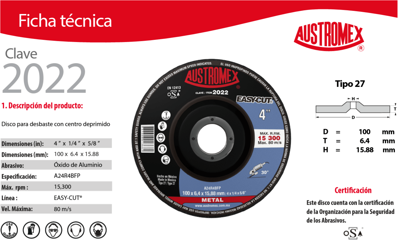 austromex-2022 Austromex 2022 Disco para Desbaste de Metal de 4" x 1/4" x 5/8" AUSTROMEX