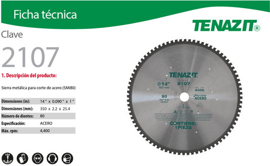 Austromex-2107 Tenazit 2107, Sierra para corte de acero de 80 dientes de 14" x 0.090 x 1" AUSTROMEX