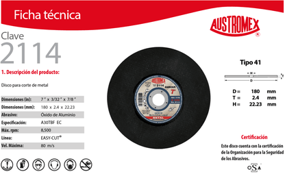 Austromex-2114 Austromex 2114 Disco para corte de metal y uso general de 7" x 3/32" x 7/8" AUSTROMEX