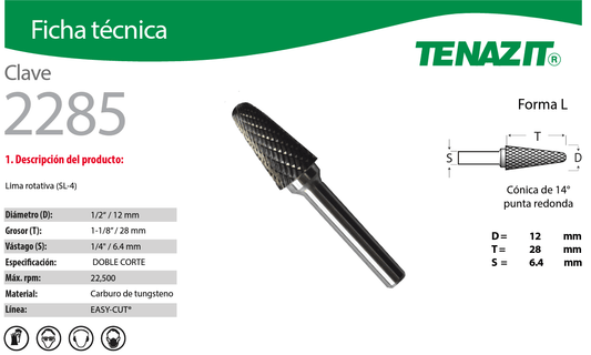 Austromex-2285 Lima rotativa, tipo SL-4, de 1/2 x 1-1/8 x 1/4, Clave 2285, Austromex Tenazit AUSTROMEX