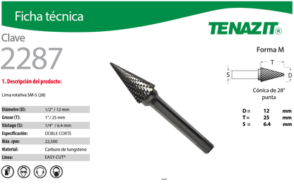 Austromex-2287 Tenazit 2287 Lima rotativa tipo SM-5 (28) de 1/2" x 1" x 1/4" Austromex AUSTROMEX