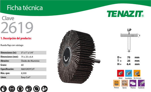 austromex-2619 Tenazit 2619 Rueda Flap para Inoxidable Grano 60 de 3" x 1" x 1/4" Austromex AUSTROMEX