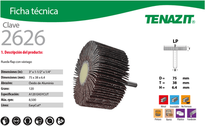 Austromex-2626 Tenazit 2626 Rueda Flap para Inoxidable Grano 120 de 3" x 1-1/2" x 1/4" AUSTROMEX