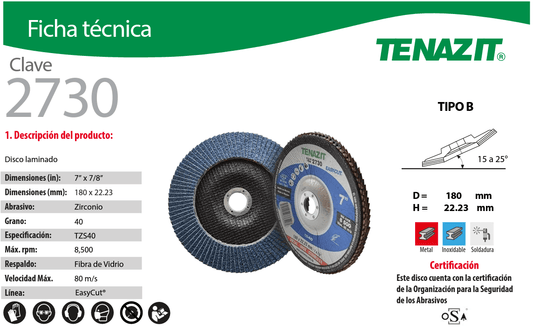 Austromex-2730 Austromex Tenazit 2730, Disco laminado de 7", TZS - 40, grano zirconio AUSTROMEX