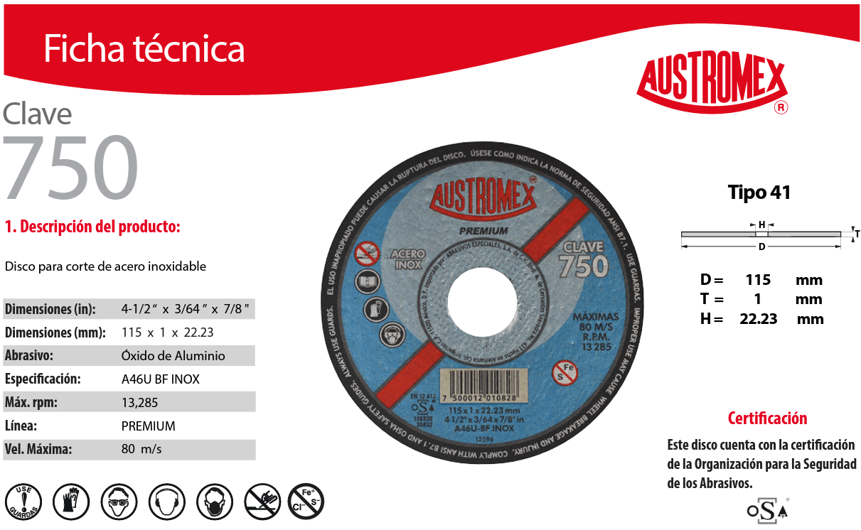 Austromex 2840 Austromex 750 Disco abrasivo para corte de acero inoxidable de 4-1/2" x 3/64" AUSTROMEX