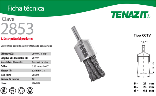 Austromex 2853 Tenazit 2853 Cepillo trenzado con vástago de 1-1/8" x 0.020 x 1/4" AUSTROMEX