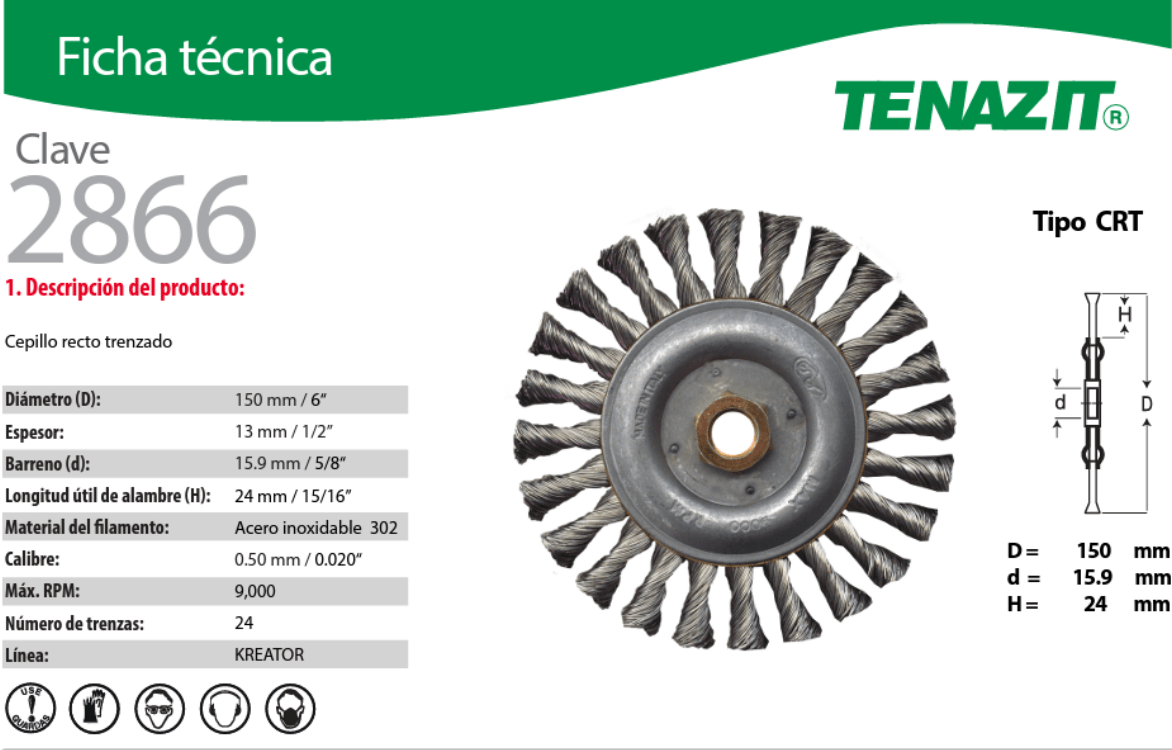 Austromex-2866 Tenazit 2866 Cepillo circular trenzado de acero Inoxidable de 6" x 1/2" x 5/8" AUSTROMEX