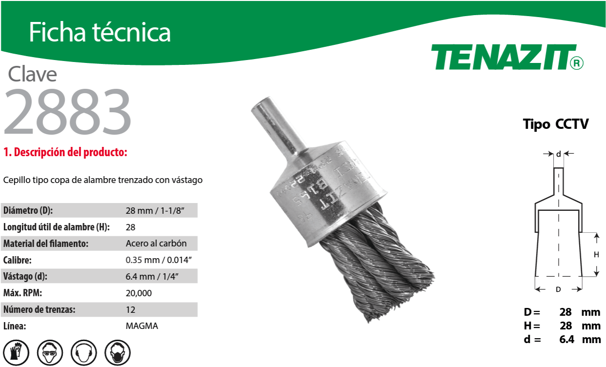 Austromex 2883 Tenazit 2883 Cepillo trenzado con vastago de 1-1/8" x 0.014" x 1/4" AUSTROMEX