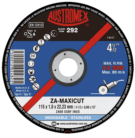 Austromex-292 Austromex 292, Disco abrasivo para corte de acero al carbón y acero inoxidable de 4-1/2" x 0.040" AUSTROMEX