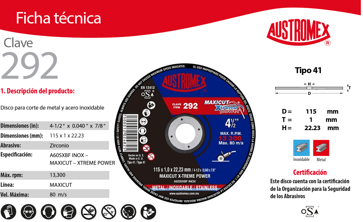 Austromex-292 Austromex 292, Disco abrasivo para corte de acero al carbón y acero inoxidable de 4-1/2" x 0.040" AUSTROMEX