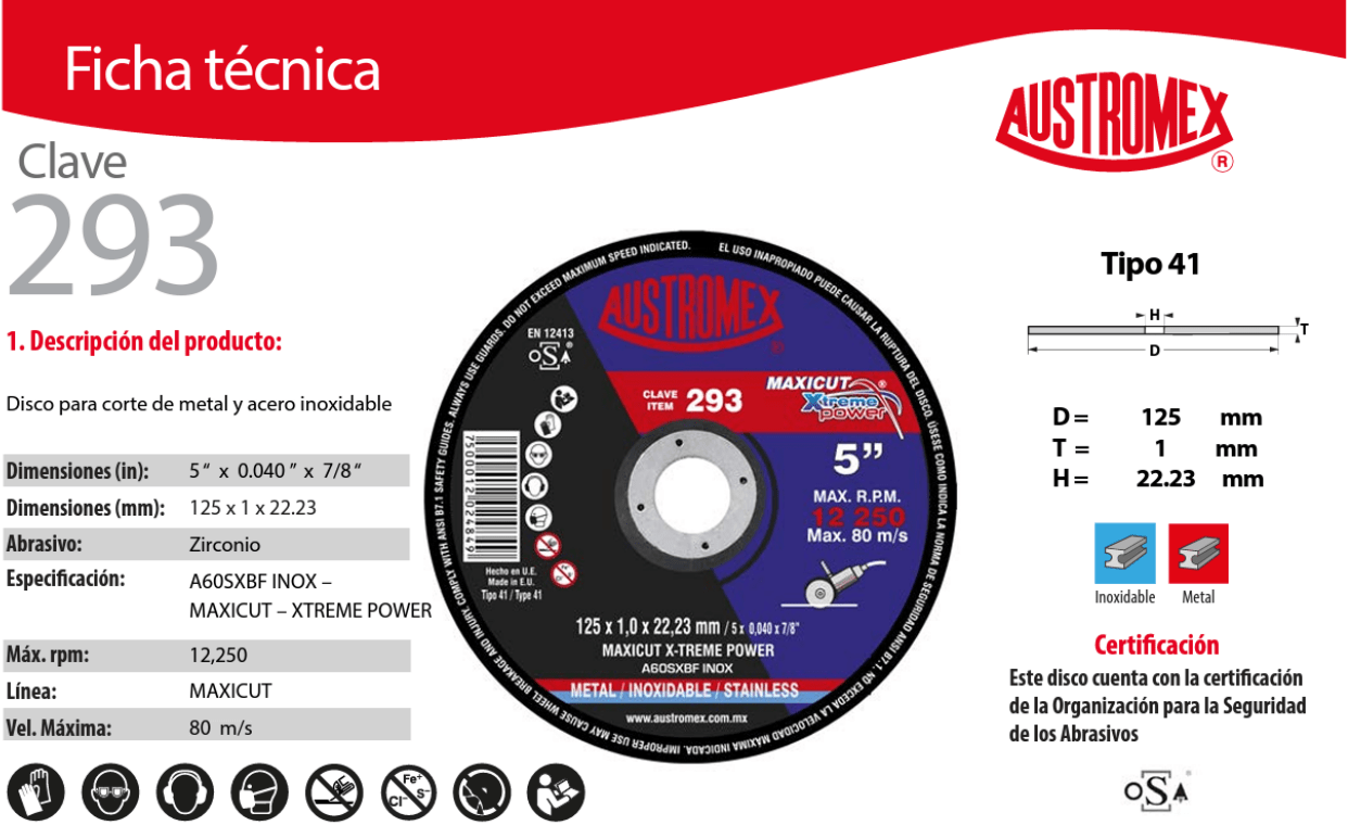 austromex-293 Austromex 293 Disco para Corte de Acero al Carbon e Inoxidable de 5" x 0.040 x 7/8" AUSTROMEX