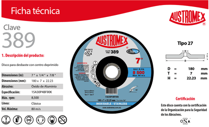 Austromex-389 Austromex 389 Disco para desbaste de acero inoxidable de 7" x1/4"x7/8" AUSTROMEX