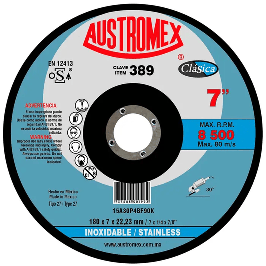 Austromex-389 Austromex 389 Disco para desbaste de acero inoxidable de 7" x1/4"x7/8" AUSTROMEX