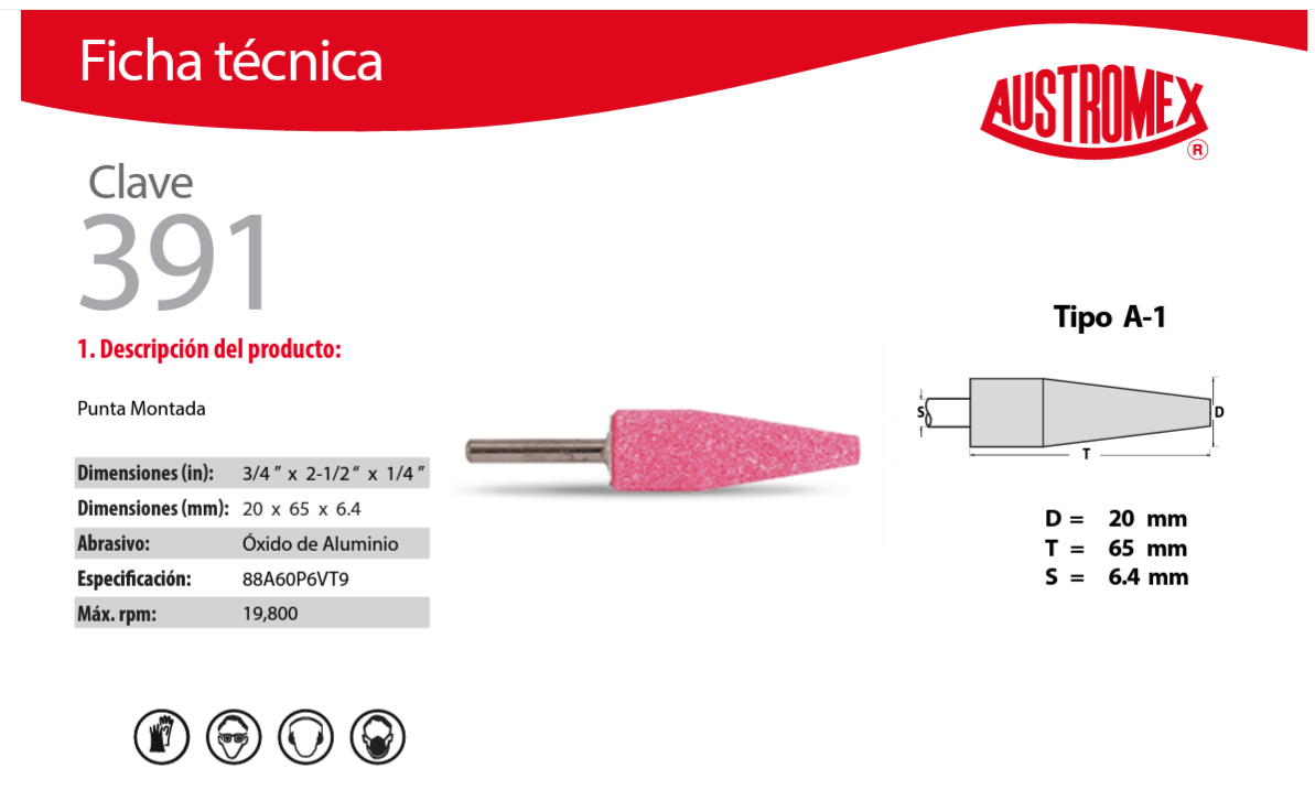 Austromex-391 Austromex 391 Punta Montada para desbaste Tipo A-1 de 3/4" x 2-1/2" x 1/4" AUSTROMEX