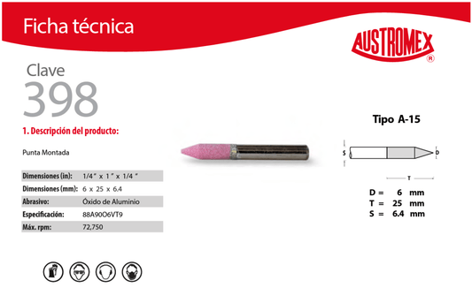 Austromex-398 Austromex 398 Punta Montada Rosa Tipo A-15 de 1/4" x 1" x 1/4" AUSTROMEX