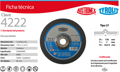 austromex-4222 Austromex 4222 Disco de Debaste para Acero e Inoxidable Tyrolit de 7" x 9/32" x 7/8" AUSTROMEX